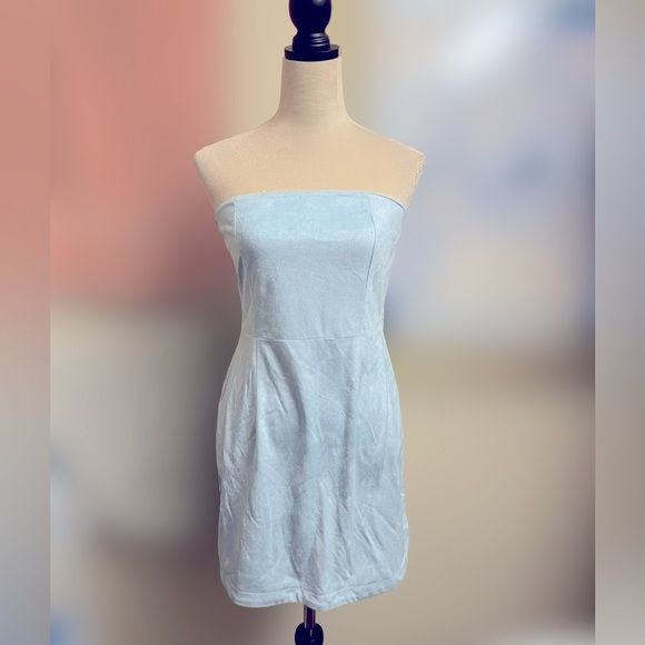 PRETTYLITTLETHING “Konnie” Dusty Blue Faux Suede Bandeau Bodycon Dress (Size: 6)