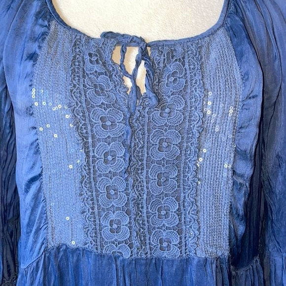 Scandal Made in Italy Silk Blend Steel Blue Blouse w/Sequins & Bell Sleeves (L)