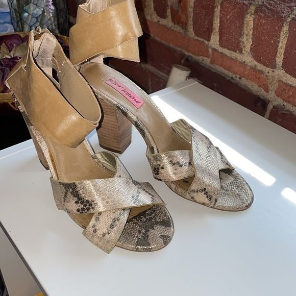 Betsey Johnson Bazar Ankle Strap Heels w/Metallic Snakeskin Print (Size: 7.5)