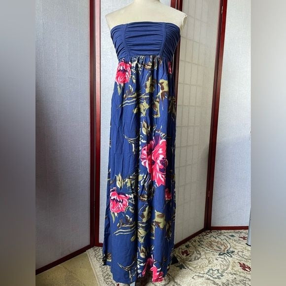 Charlotte Russe Blue Strapless Maxi Dress with Floral Print (Size: Small)