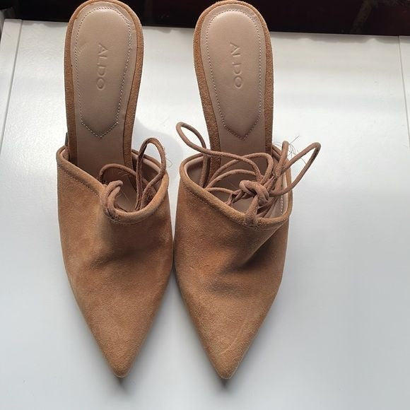 Aldo “Carolina” Faux Suede Tan Mule with Straps on the Legs