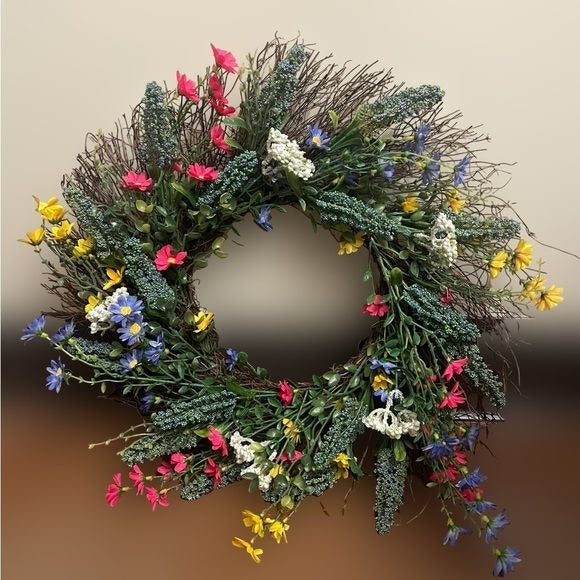 Wreath with Colorful Faux Flowers and Leaves and a Hook on the Back