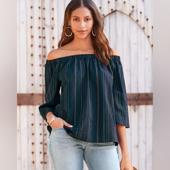 Garnet Hill Off the Shoulder Gauze Striped Top w/ 3/4 Sleeves (Size: Small)