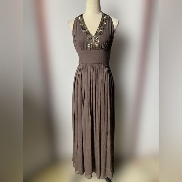 Banana Republic Chocolate Brown Maxi w/100% Silk Outer Shell & Sequins (Size: 0)