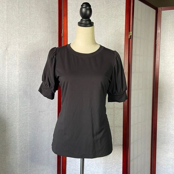 Ann Taylor Factory Black Puffed Sleeves Short Sleeve Blouse (Size: Small)